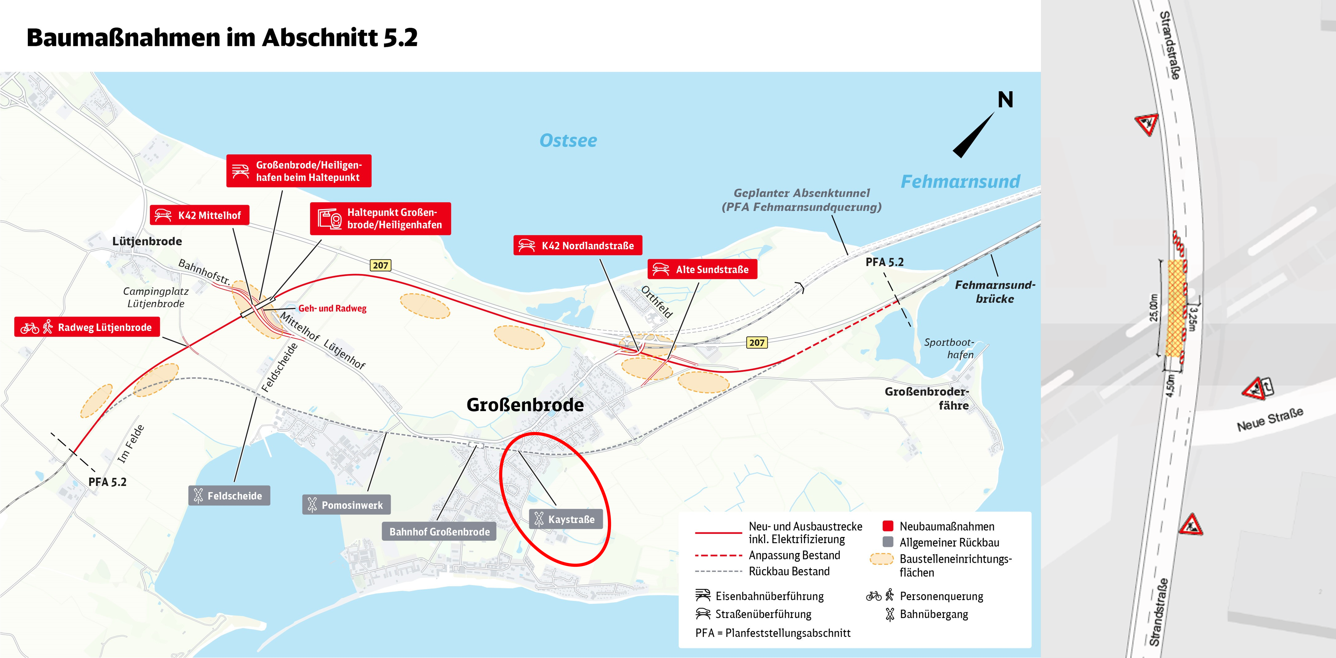 Links: Auf der Karte ist der Bahnübergang Strandstraße rot eingekreist. Rechts: Ausschnitt aus dem Verkehrszeichenplan
