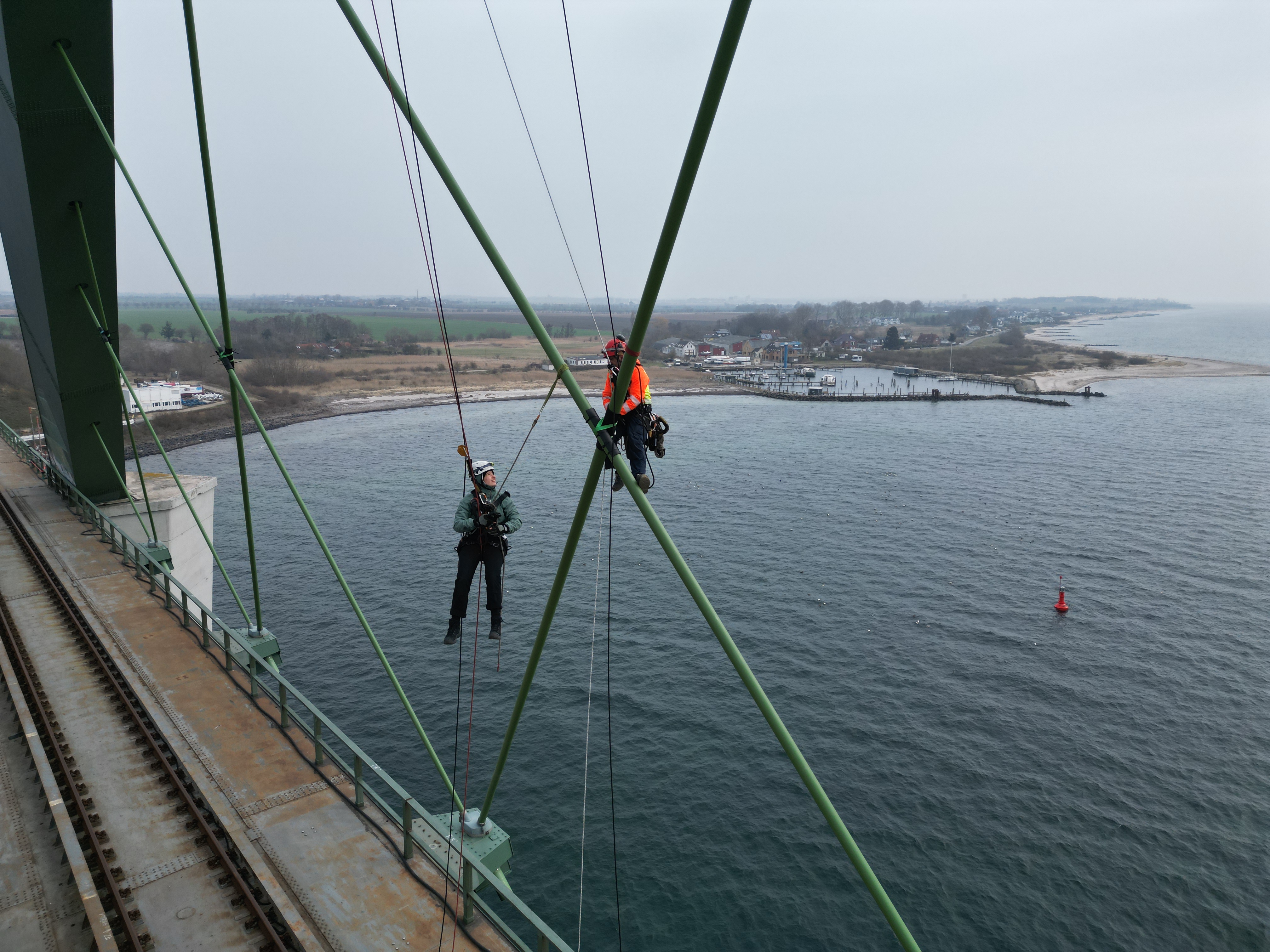 Zwei Arbeiter mit Helm und Schutzausrüstung hängen an den Tragseilen der Fehmarnsundbrücke
