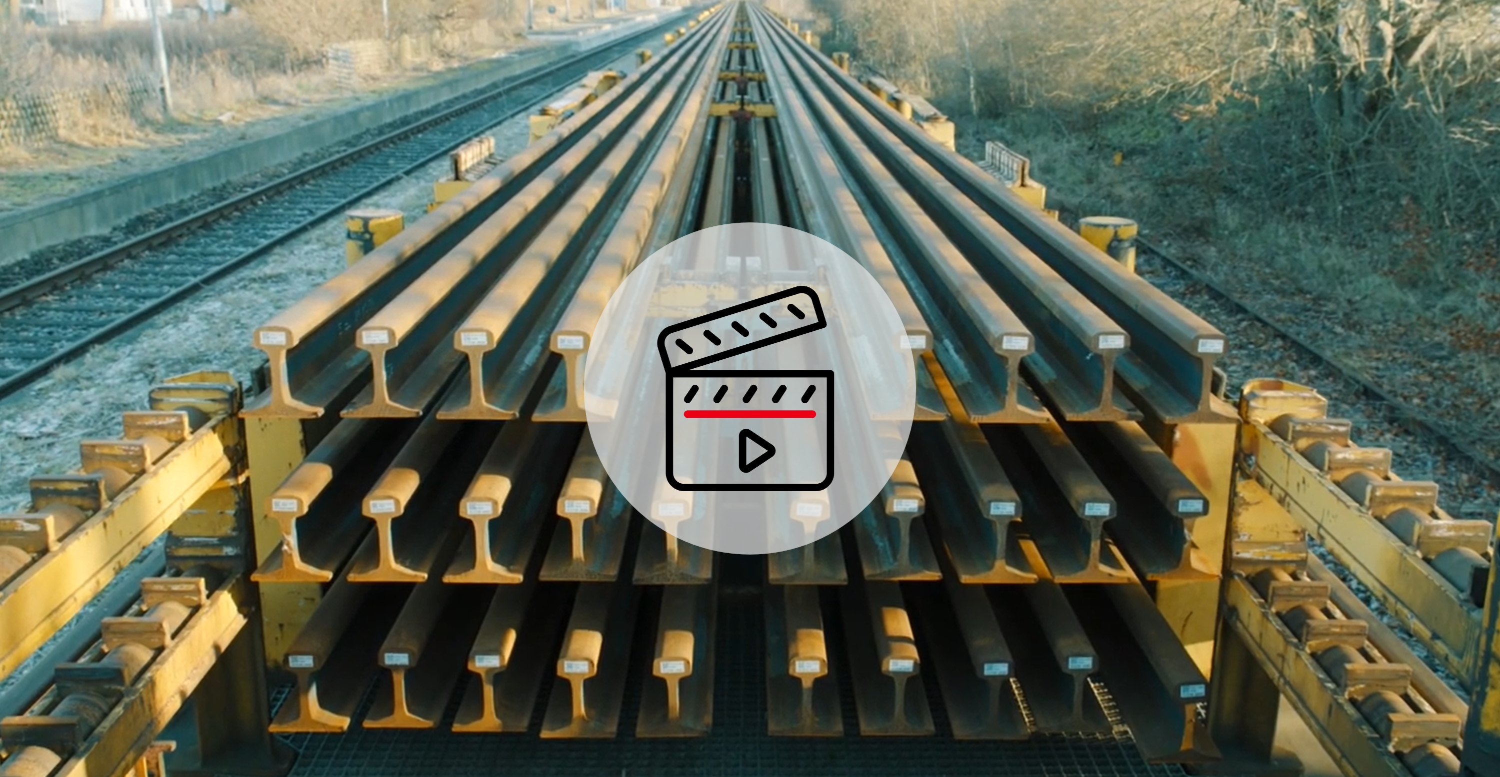 Im Vordergrund ein Videoicon, im Hintergrund ein Wagon beladen mit Langschienen