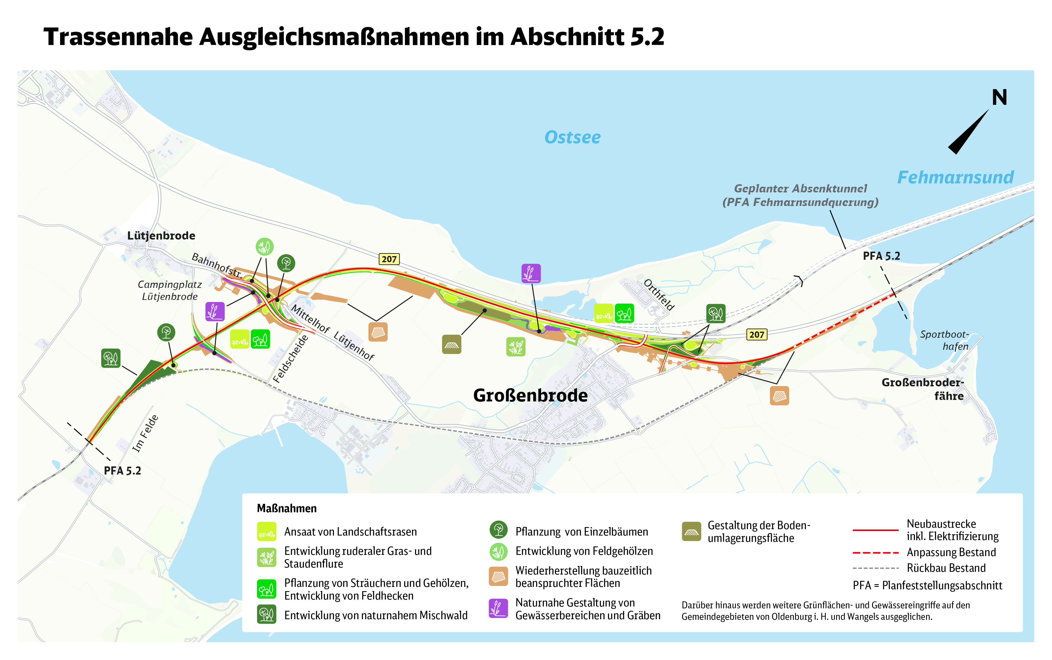 Karte zeigt das Gemeindegebiet Großenbrode mit der zukünftigen Eisenbahntrasse und farbig einzeichneten Flächen für Ausgleichsmaßnahmen.