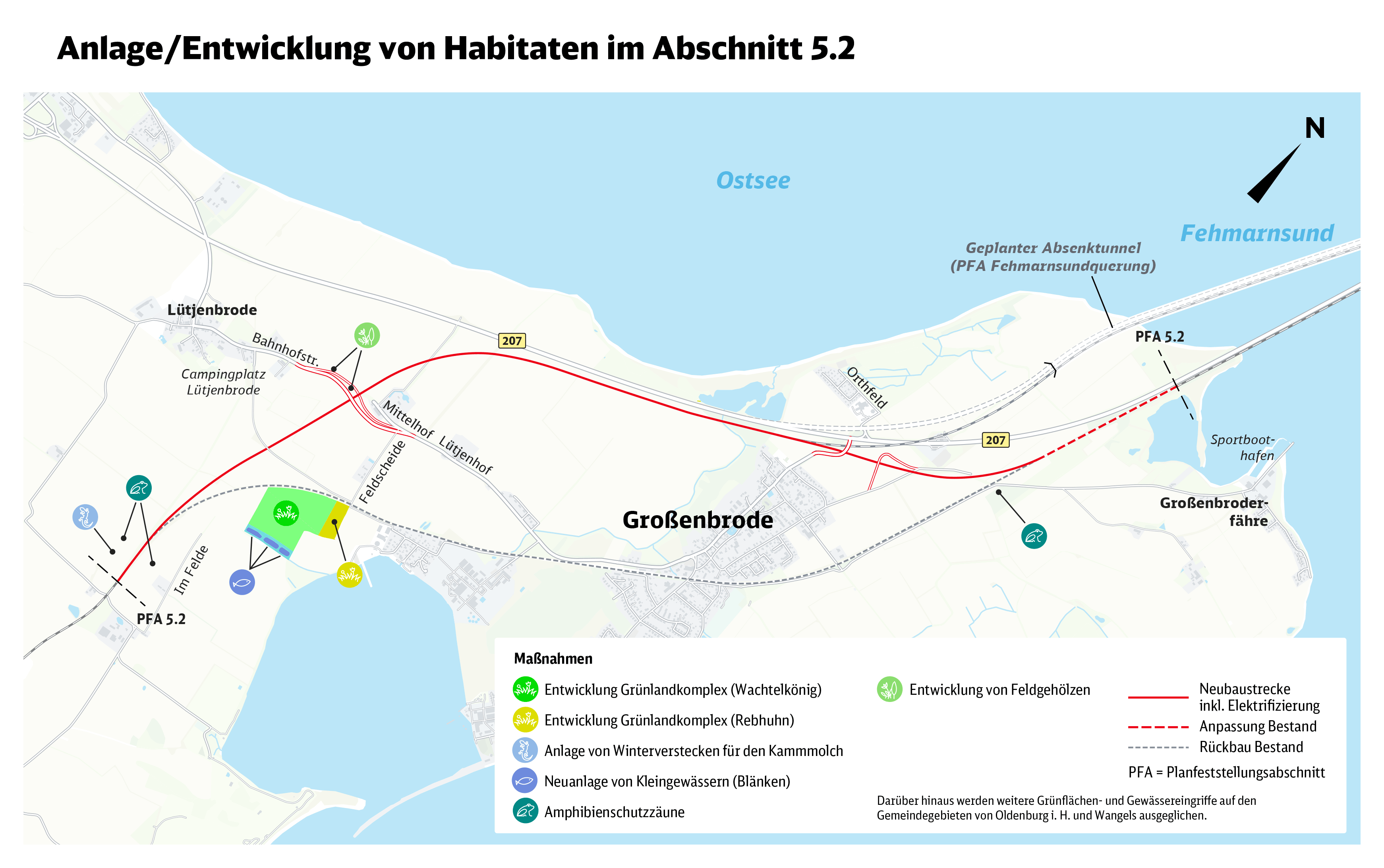Karte zeigt das Gemeindegebiet Großenbrode mit der zukünftigen Eisenbahntrasse und farbig einzeichneten Flächen für Habitate