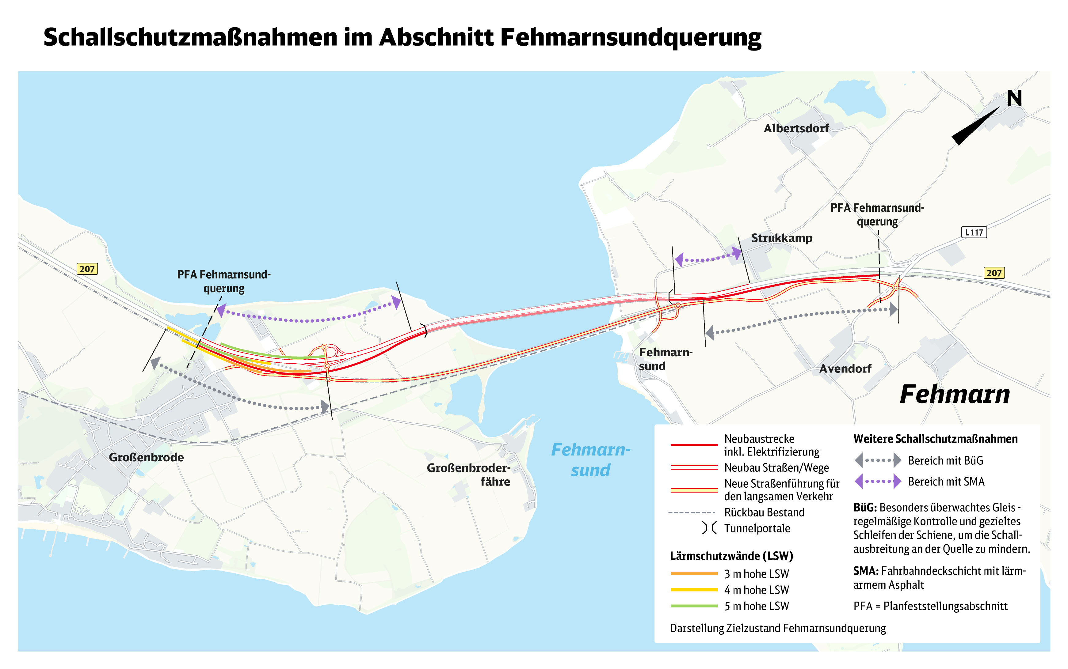 Karte mit Lärm- und Erschütterungsschutzmaßnahmen im Abschnitt Fehmarnsundquerung