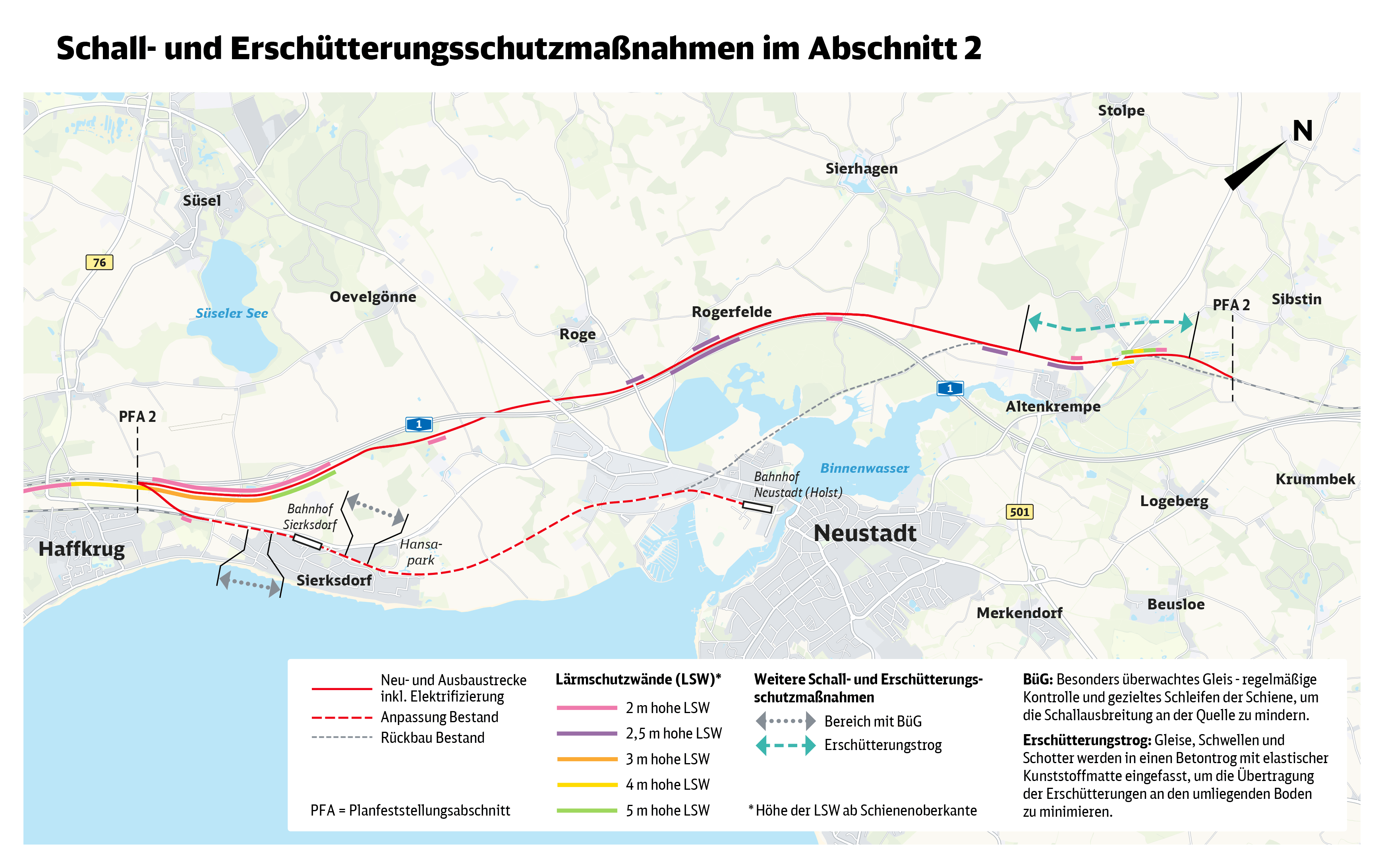 Karte mit Lärm- und Erschütterungsschutzmaßnahmen im Abschnitt 2