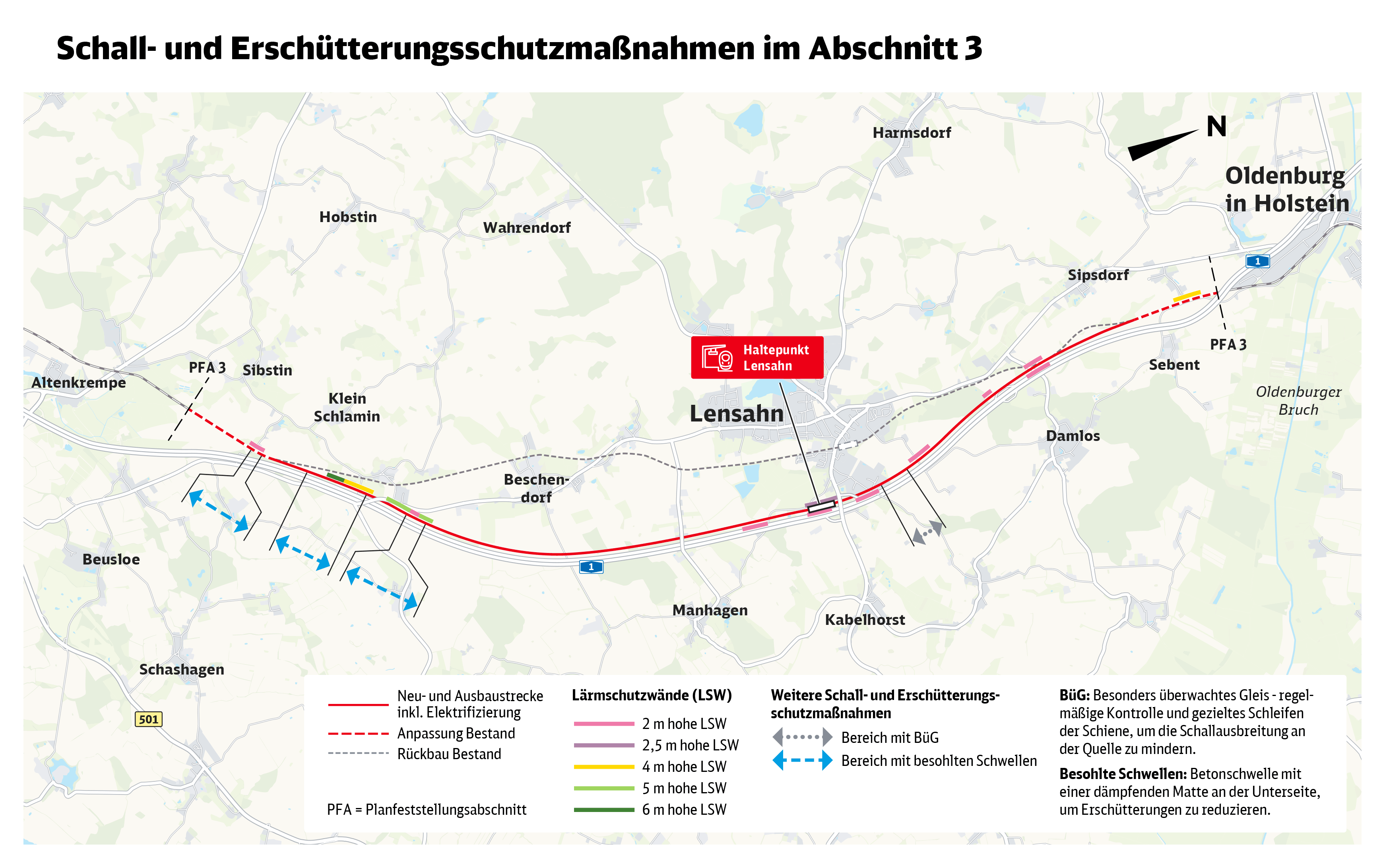 Karte mit Lärm- und Erschütterungsschutzmaßnahmen im Abschnitt 3